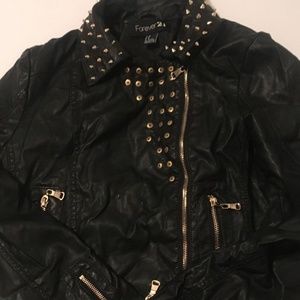 Forever 21 Black Leather Studded Medium Coat